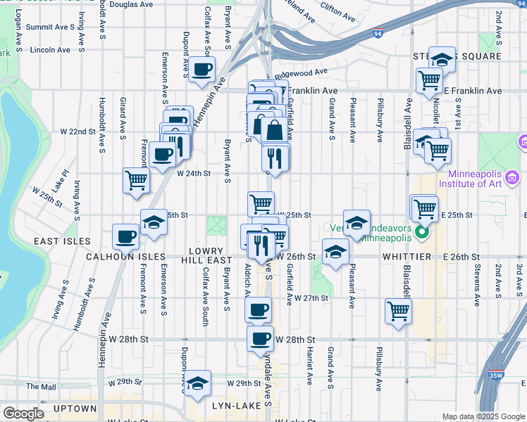 map of restaurants, bars, coffee shops, grocery stores, and more near 2437 Lyndale Avenue South in Minneapolis