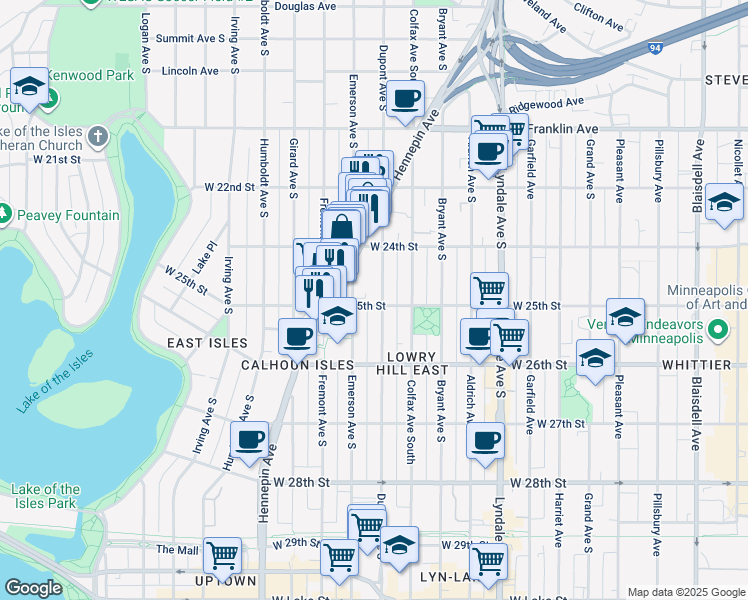 map of restaurants, bars, coffee shops, grocery stores, and more near 2429 Emerson Avenue South in Minneapolis