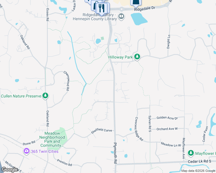 map of restaurants, bars, coffee shops, grocery stores, and more near 12819 Forest Meadow Drive in Hopkins