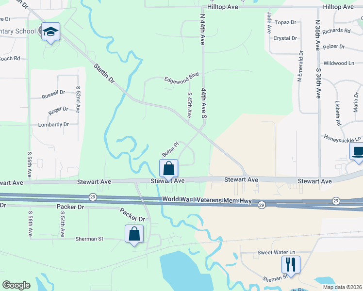 map of restaurants, bars, coffee shops, grocery stores, and more near 612 Butler Place in Wausau