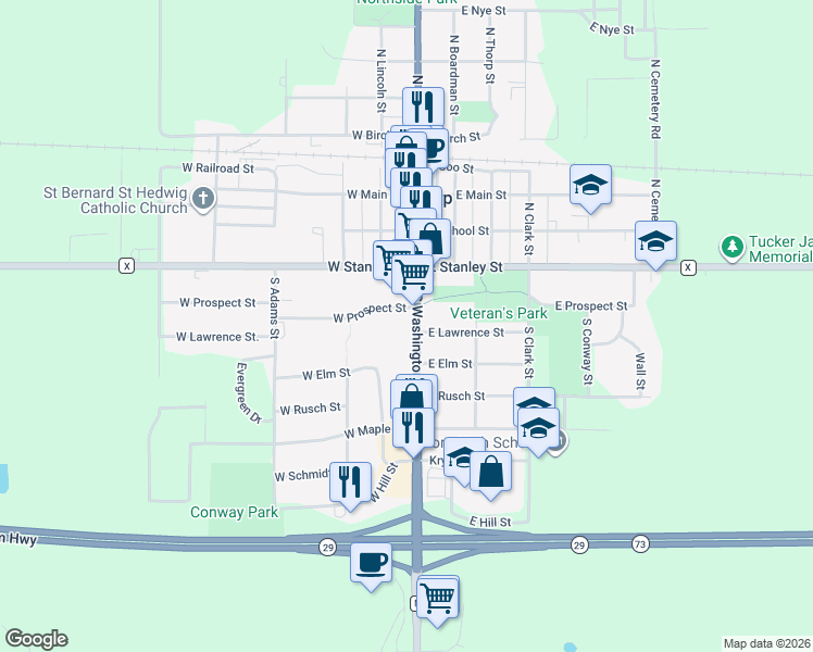 map of restaurants, bars, coffee shops, grocery stores, and more near 103 West Prospect Street in Thorp