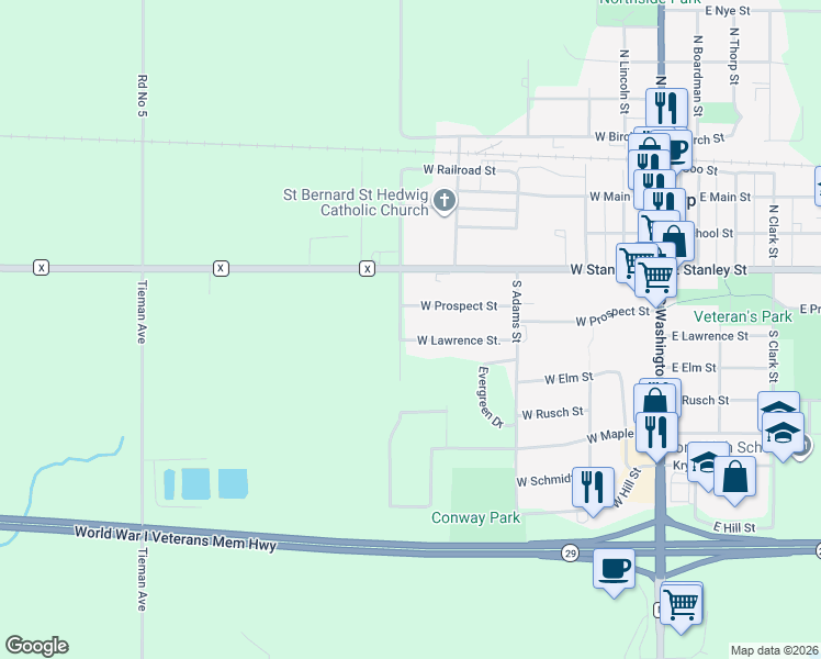 map of restaurants, bars, coffee shops, grocery stores, and more near 502 West Prospect Street in Thorp