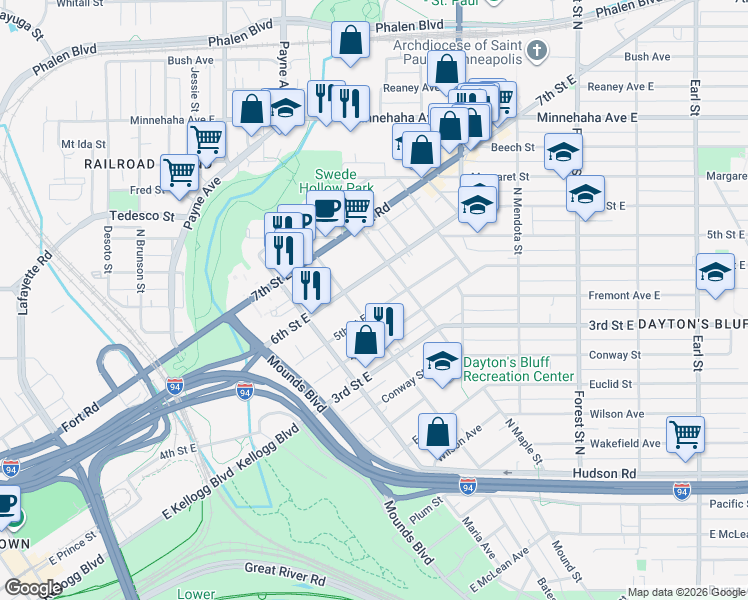 map of restaurants, bars, coffee shops, grocery stores, and more near 741 5th Street East in Saint Paul
