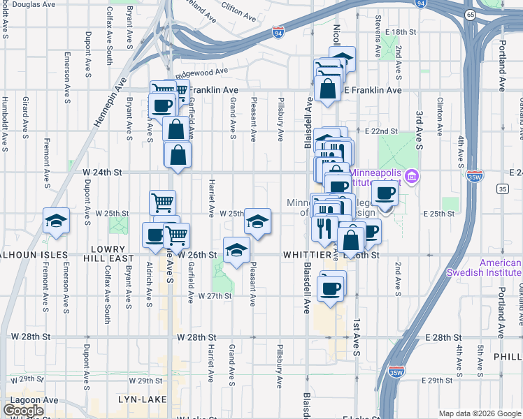 map of restaurants, bars, coffee shops, grocery stores, and more near 2430 Pillsbury Avenue in Minneapolis