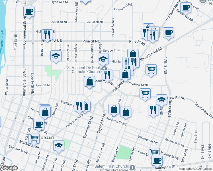 map of restaurants, bars, coffee shops, grocery stores, and more near 2044 Myrtle Avenue Northeast in Salem