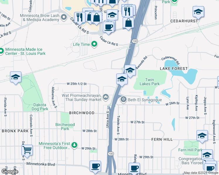map of restaurants, bars, coffee shops, grocery stores, and more near 2524 Highway 100 in St. Louis Park