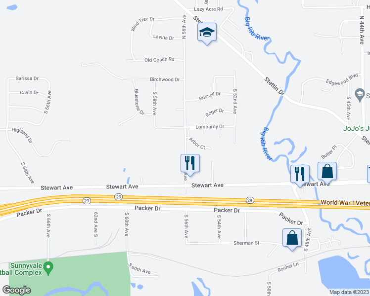 map of restaurants, bars, coffee shops, grocery stores, and more near 527 South 56th Avenue in Wausau
