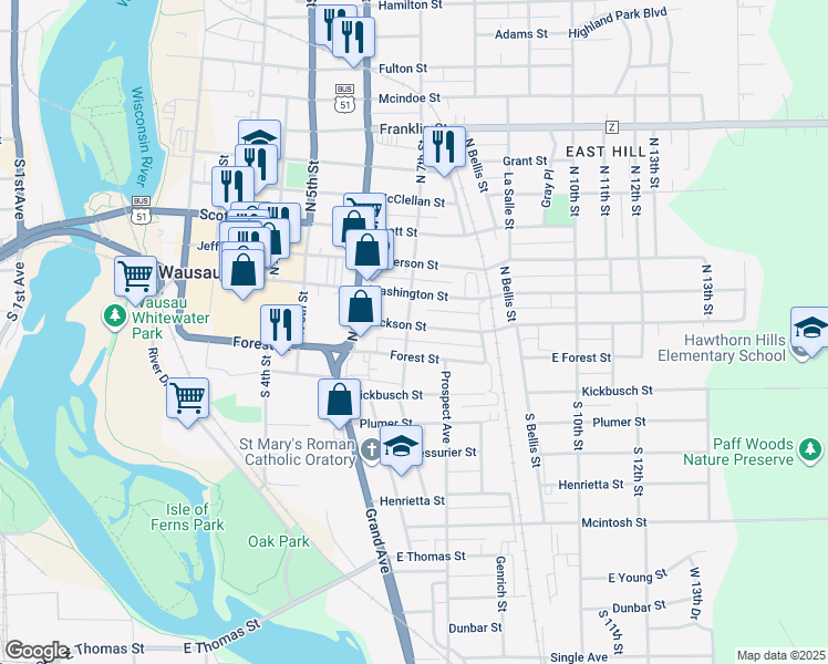 map of restaurants, bars, coffee shops, grocery stores, and more near 703 Jackson Street in Wausau