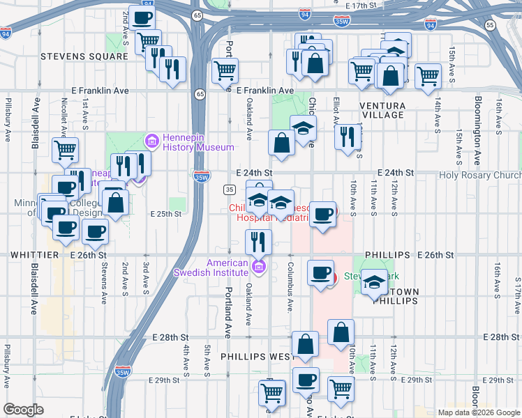 map of restaurants, bars, coffee shops, grocery stores, and more near in Minneapolis