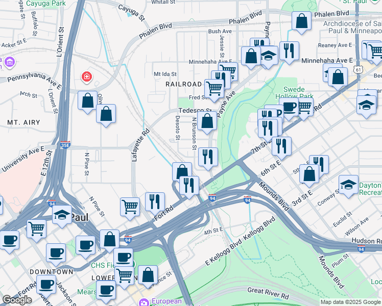 map of restaurants, bars, coffee shops, grocery stores, and more near 560 North Brunson Street in Saint Paul