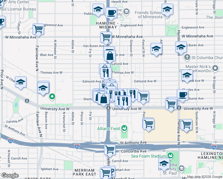 map of restaurants, bars, coffee shops, grocery stores, and more near 556 Snelling Avenue in Saint Paul