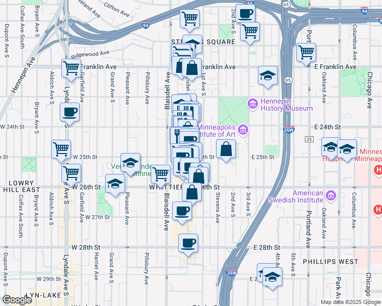 map of restaurants, bars, coffee shops, grocery stores, and more near in Minneapolis