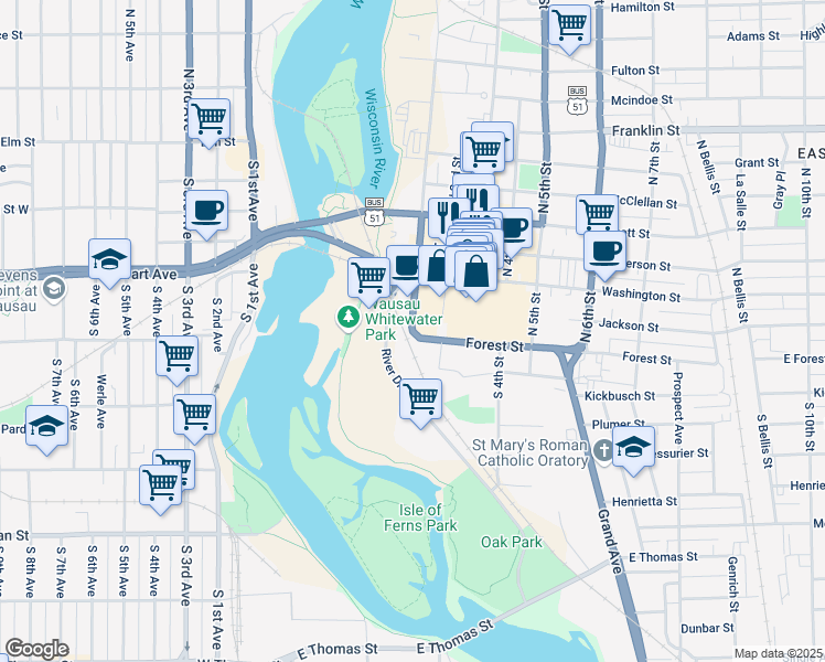 map of restaurants, bars, coffee shops, grocery stores, and more near 123 1st Street in Wausau