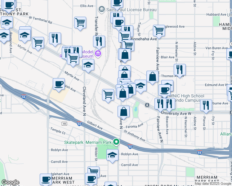 map of restaurants, bars, coffee shops, grocery stores, and more near 1964 University Ave W in St Paul