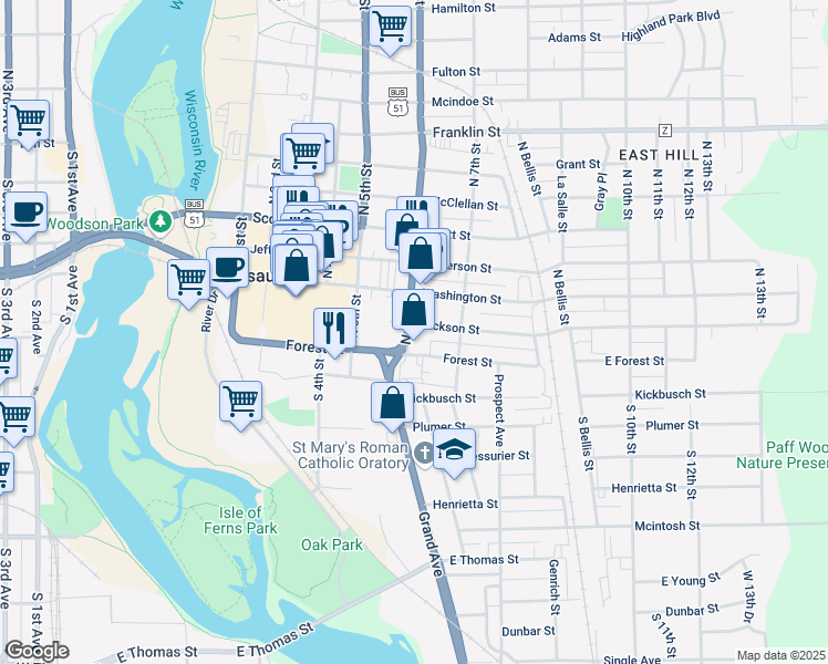 map of restaurants, bars, coffee shops, grocery stores, and more near 602 Jackson Street in Wausau