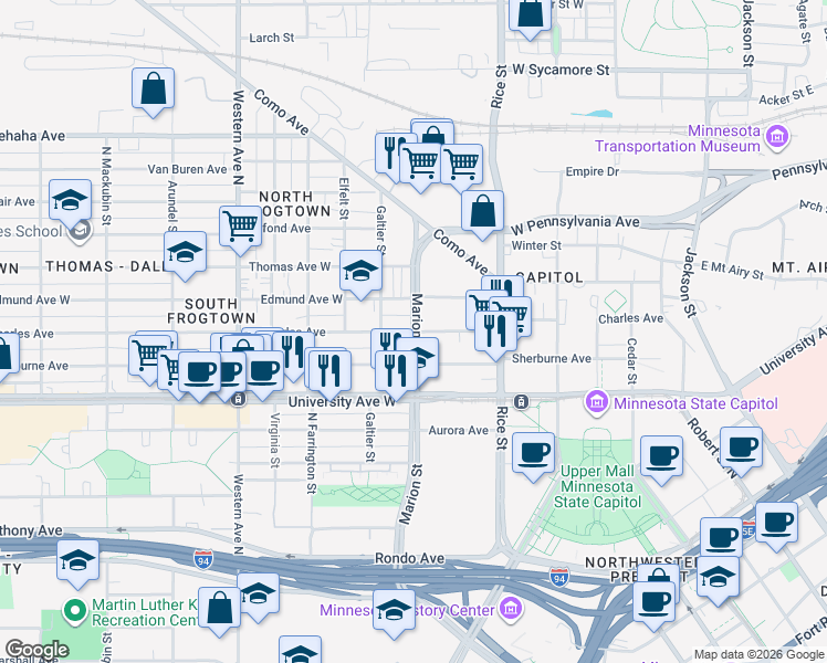 map of restaurants, bars, coffee shops, grocery stores, and more near N Marion St & W Charles Ave in St Paul