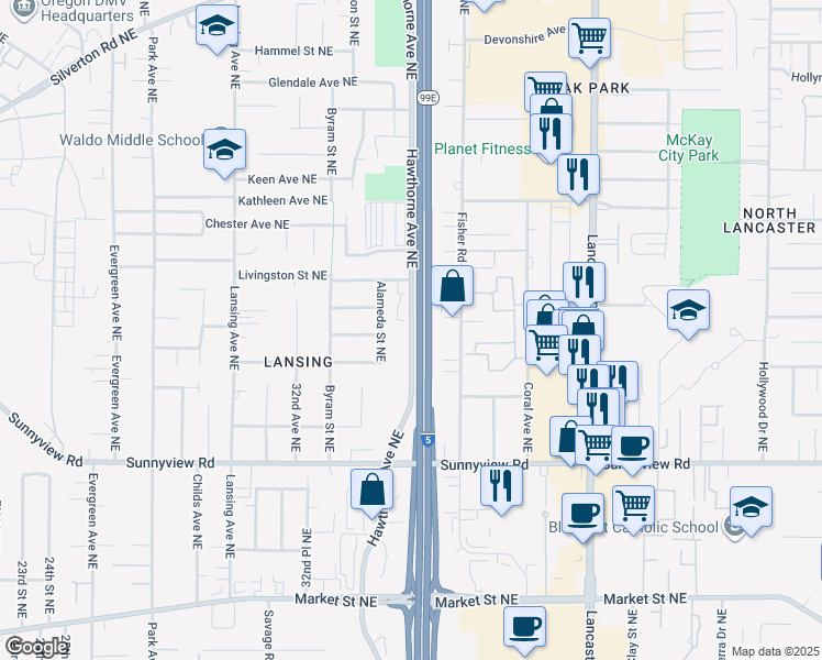 map of restaurants, bars, coffee shops, grocery stores, and more near 3468 Livingston Street Northeast in Salem