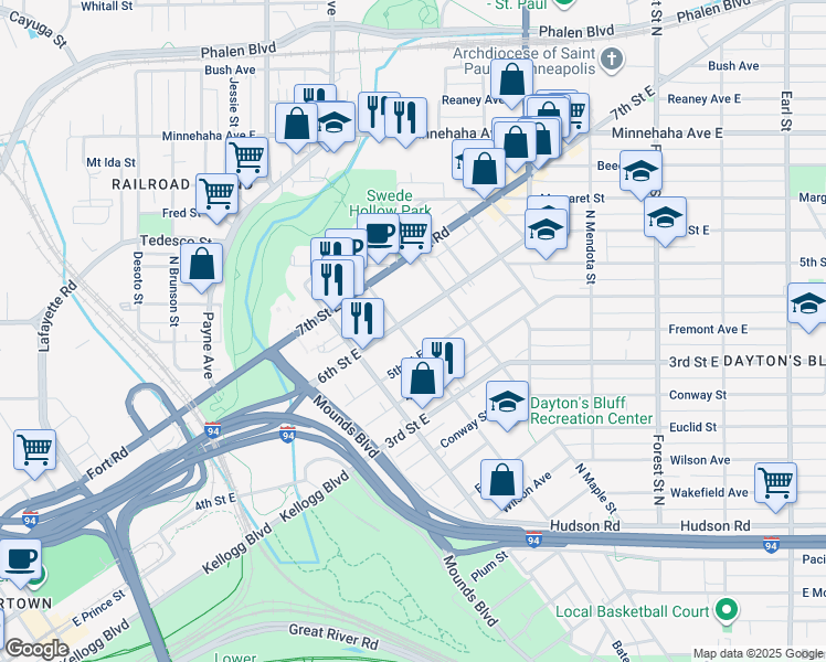 map of restaurants, bars, coffee shops, grocery stores, and more near 721 6th Street East in Saint Paul