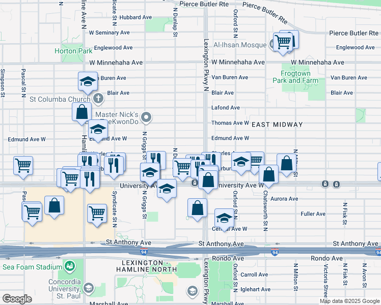 map of restaurants, bars, coffee shops, grocery stores, and more near 1142 Edmund Avenue West in Saint Paul