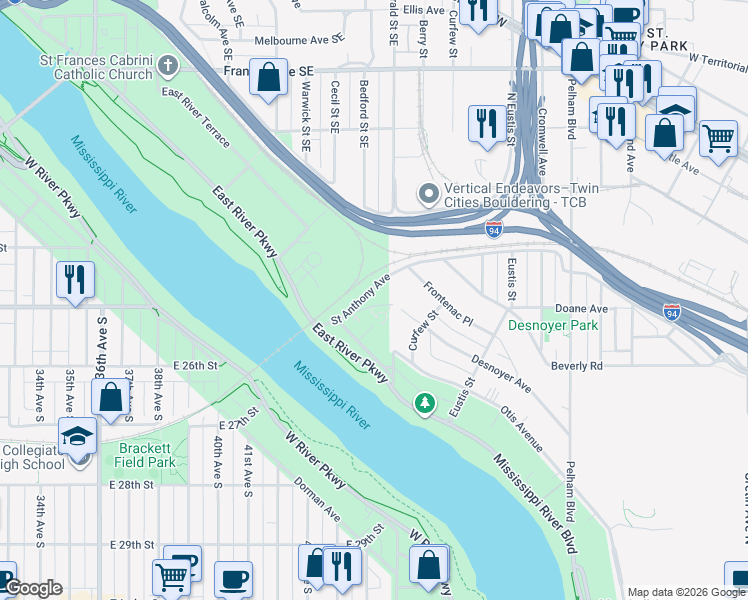 map of restaurants, bars, coffee shops, grocery stores, and more near 301 Saint Anthony Avenue in Minneapolis