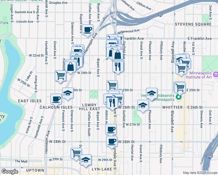 map of restaurants, bars, coffee shops, grocery stores, and more near 2432 Aldrich Avenue South in Minneapolis