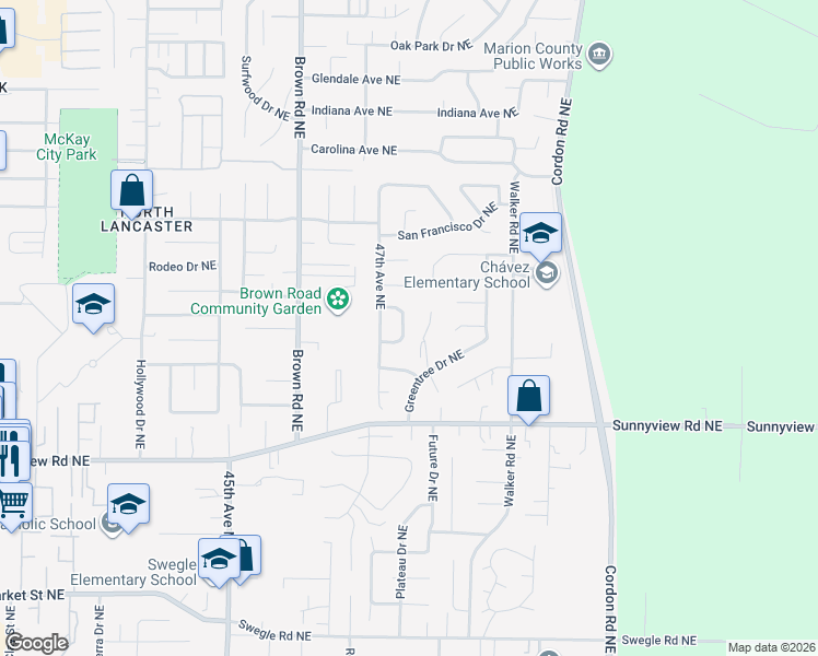 map of restaurants, bars, coffee shops, grocery stores, and more near 4777 El Cedro Loop Northeast in Salem
