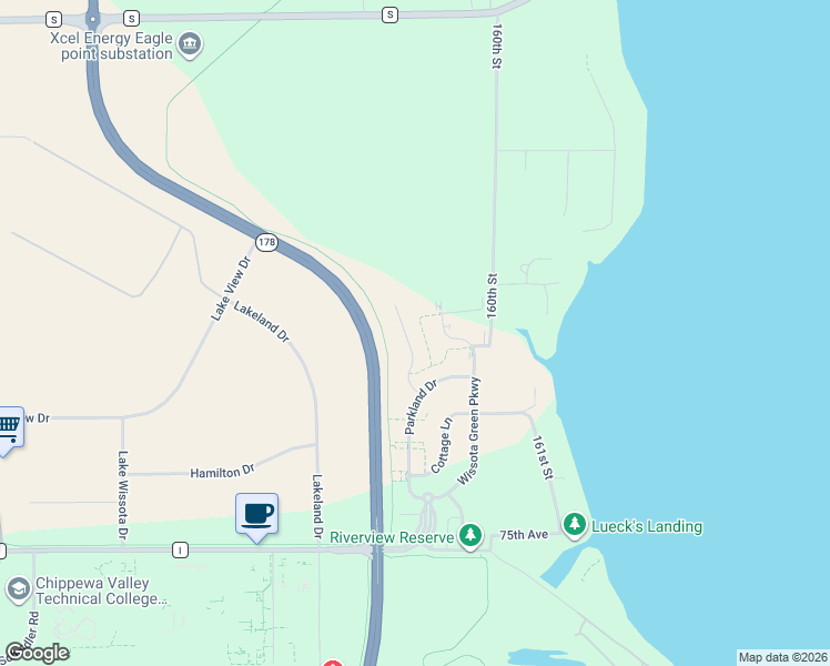 map of restaurants, bars, coffee shops, grocery stores, and more near 1455 Coventry Lane in Chippewa Falls