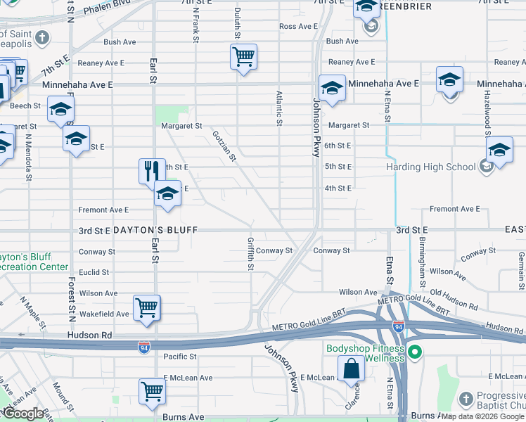 map of restaurants, bars, coffee shops, grocery stores, and more near 555 Gotzian Street in Saint Paul