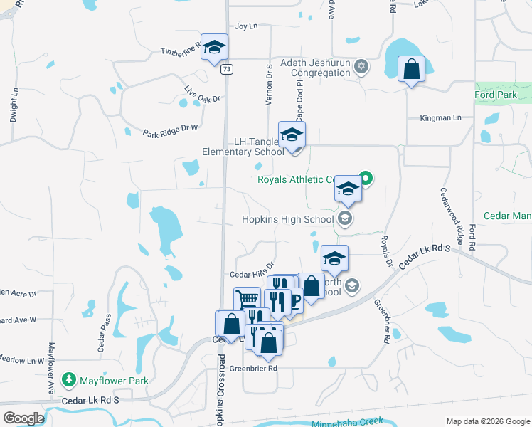 map of restaurants, bars, coffee shops, grocery stores, and more near 11120 Mill Run in Hopkins