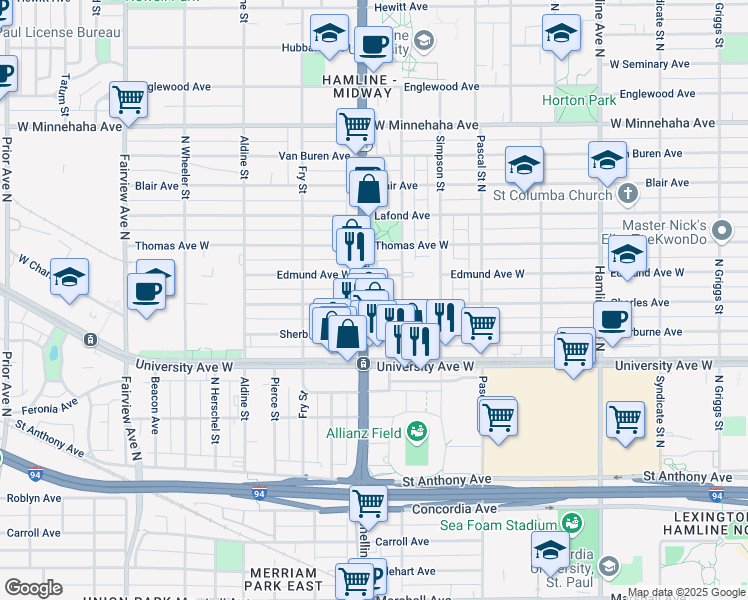 map of restaurants, bars, coffee shops, grocery stores, and more near 1571 Charles Avenue in Saint Paul