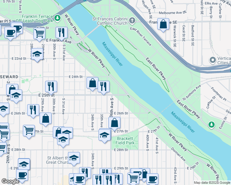 map of restaurants, bars, coffee shops, grocery stores, and more near 2437 35th Avenue South in Minneapolis