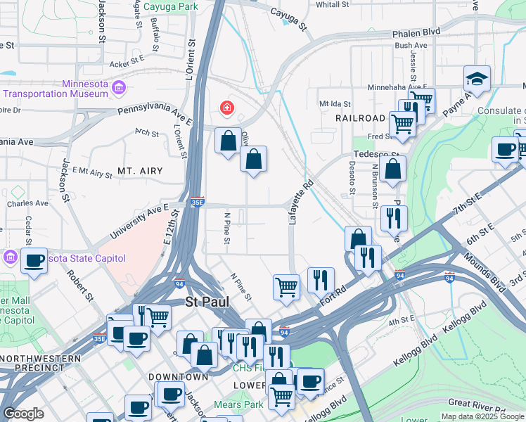 map of restaurants, bars, coffee shops, grocery stores, and more near 504 University Avenue East in Saint Paul