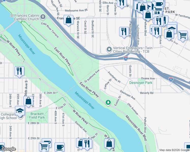 map of restaurants, bars, coffee shops, grocery stores, and more near 301 Saint Anthony Avenue in Minneapolis