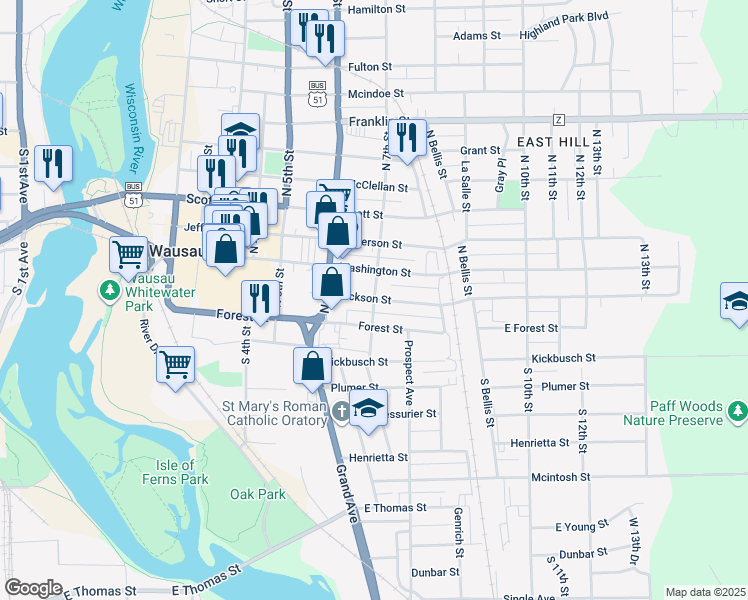 map of restaurants, bars, coffee shops, grocery stores, and more near 7th Street in Wausau