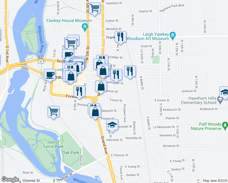 map of restaurants, bars, coffee shops, grocery stores, and more near 7th Street in Wausau