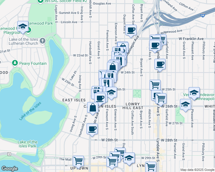 map of restaurants, bars, coffee shops, grocery stores, and more near 2448 Hennepin Avenue in Minneapolis