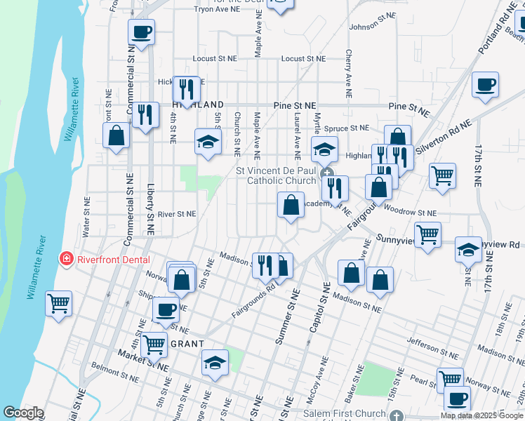 map of restaurants, bars, coffee shops, grocery stores, and more near 2005 Hazel Avenue Northeast in Salem