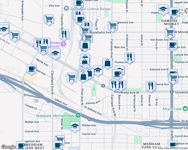 map of restaurants, bars, coffee shops, grocery stores, and more near 1919 University Avenue West in Saint Paul