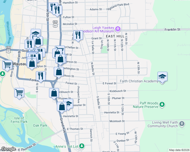 map of restaurants, bars, coffee shops, grocery stores, and more near 902 Jackson Street in Wausau