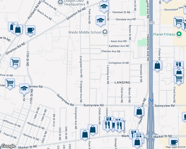 map of restaurants, bars, coffee shops, grocery stores, and more near 2865 Lady Bug Court Northeast in Salem