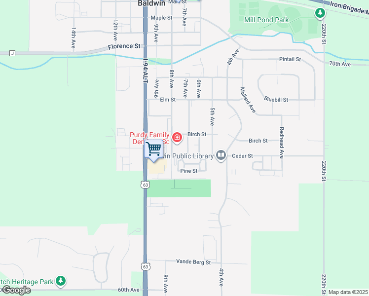 map of restaurants, bars, coffee shops, grocery stores, and more near 730 Cedar Street in Baldwin