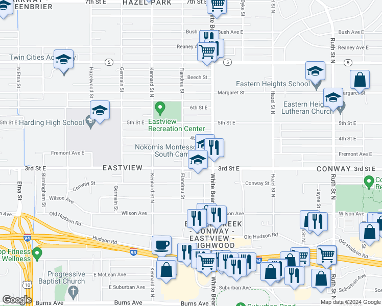 map of restaurants, bars, coffee shops, grocery stores, and more near 1737 Fremont Avenue East in Saint Paul