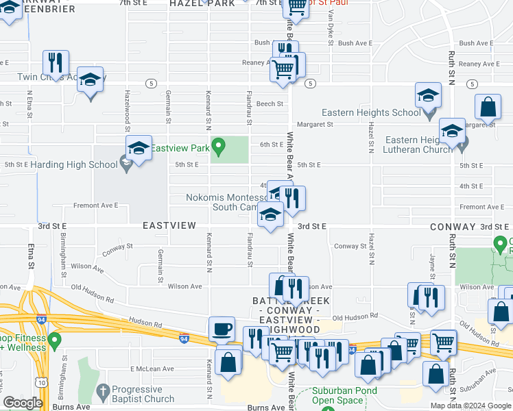 map of restaurants, bars, coffee shops, grocery stores, and more near 1737 Fremont Avenue East in Saint Paul
