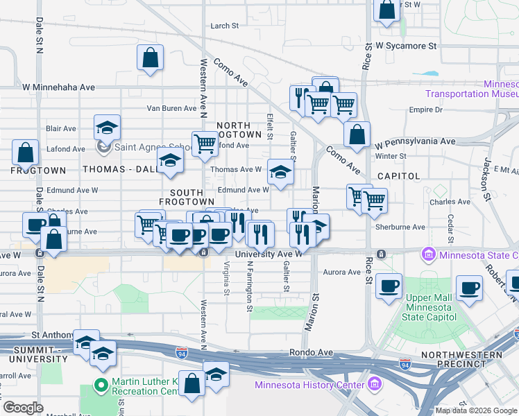 map of restaurants, bars, coffee shops, grocery stores, and more near 299 Charles Avenue in Saint Paul
