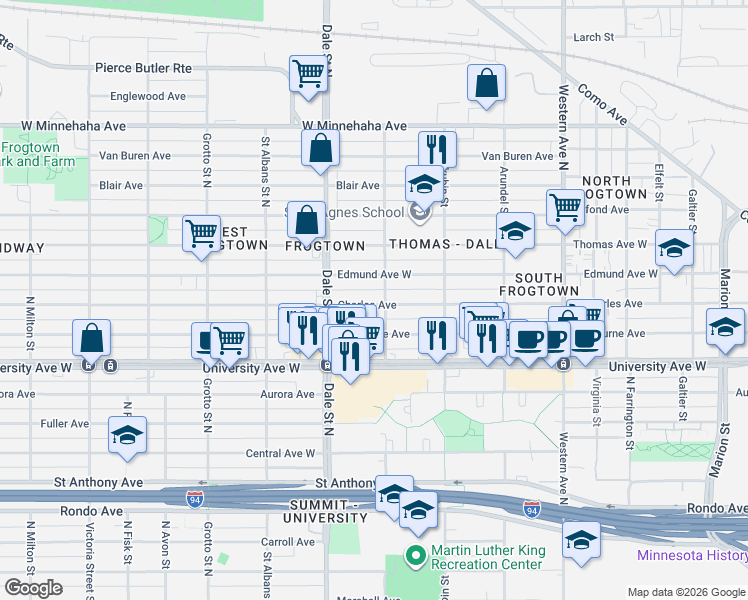map of restaurants, bars, coffee shops, grocery stores, and more near 575 Charles Avenue in Saint Paul