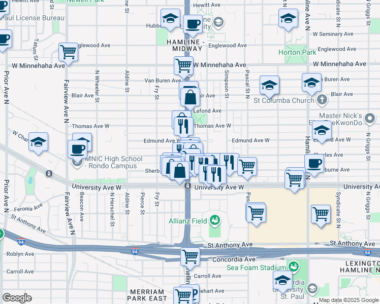 map of restaurants, bars, coffee shops, grocery stores, and more near 556 Snelling Avenue in Saint Paul