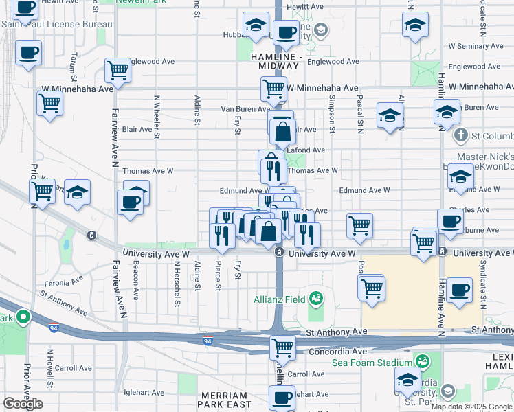 map of restaurants, bars, coffee shops, grocery stores, and more near 1600 Edmund Avenue West in Saint Paul