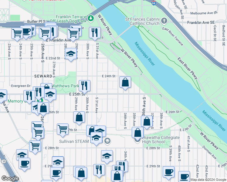 map of restaurants, bars, coffee shops, grocery stores, and more near 2433 South 32nd Avenue in Minneapolis