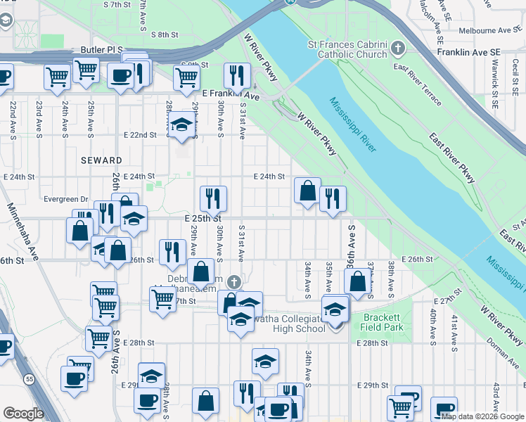 map of restaurants, bars, coffee shops, grocery stores, and more near 2433 South 32nd Avenue in Minneapolis
