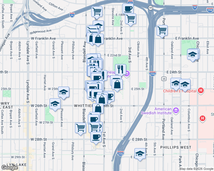 map of restaurants, bars, coffee shops, grocery stores, and more near 2435 1st Avenue South in Minneapolis